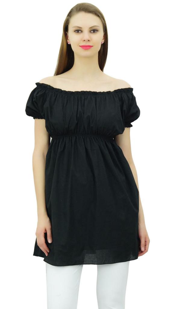 Bimba Women's Off shoulder Puff Sleeve Tops Elastic Waist Blouse Cotton