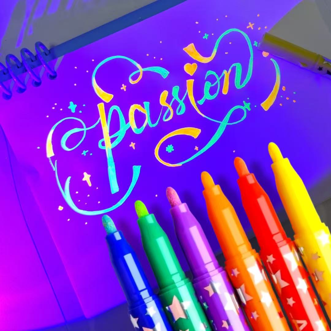 6-Piece Set of Colorful Night-Glow Highlighter Pens, Illuminate Your Dark Creations! 6pcs