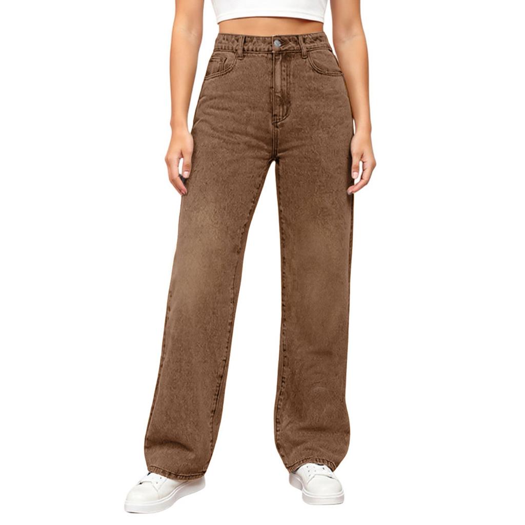 Dámské seprané dámské džíny s vysokým pasem Módní všestranné kalhoty s rovnými nohavicemi