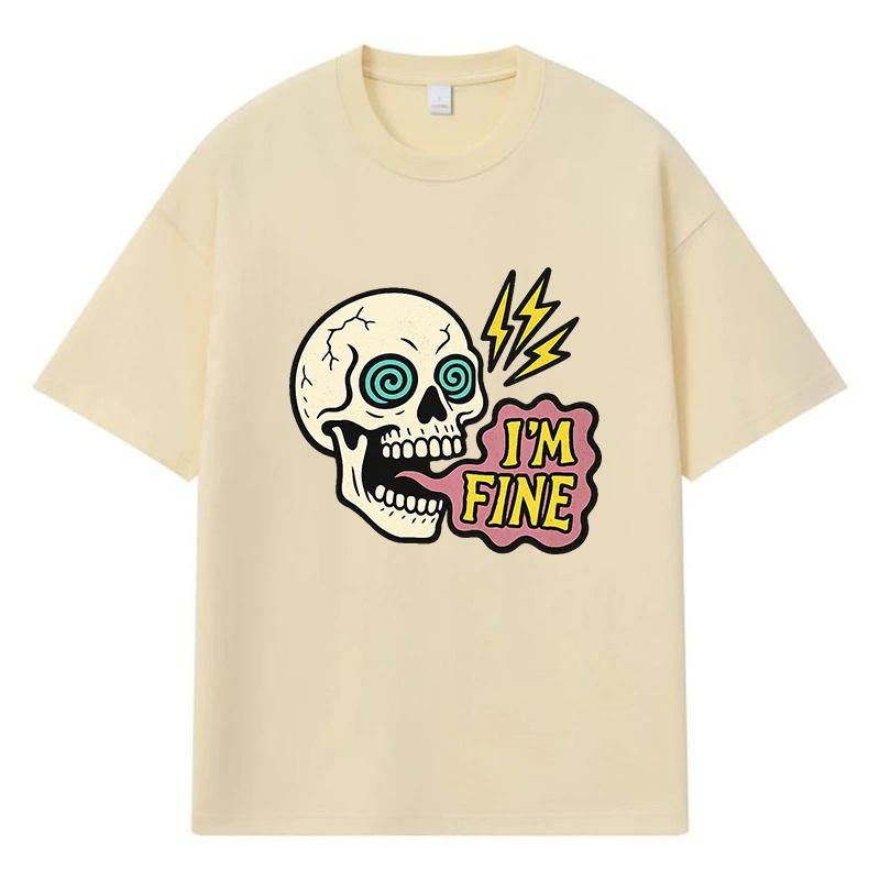 2026 Skull I'm Fine Printed Graphic Y2k Harajuku Streetwear 100% Cotton T Shirt Casual Oversized Summer Men T-shirt