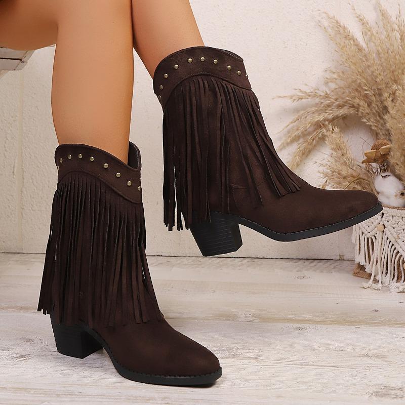 Womens Mid-calf Boots Retro Suede Casual Boot Tassel Design Women Boots Classic Retro Western Cowboy Boots for Women Botas Mujer