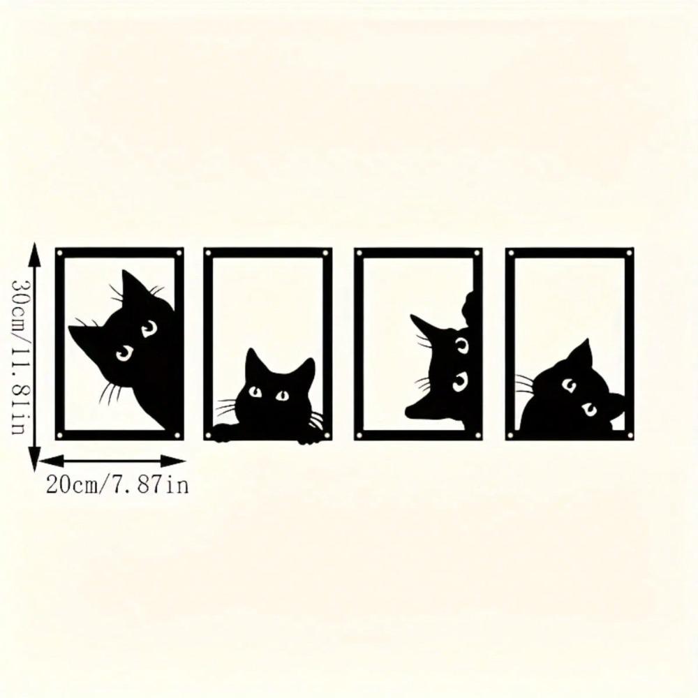 Four Piece Black Metal Cat Wall Art, Modern Animal Silhouette Sculpture Decor for Home Office Cafe