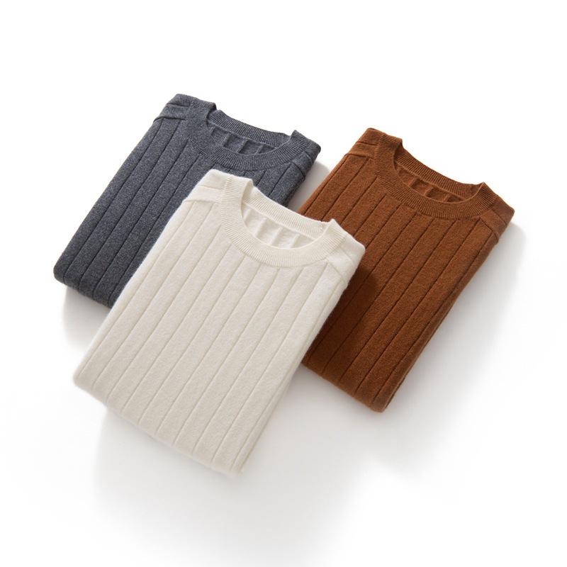 Women's Pure Cashmere Ribbed Knit Pullover - Autumn/Winter Round Neck Base Layer