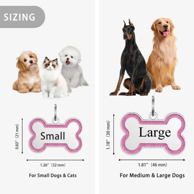 Double Side Dog Cat ID Tag Glitter Dogs Cats Name Pendant Tags Pet Collar Accessories Anti-lost Bone Tags for Small Dog Cat