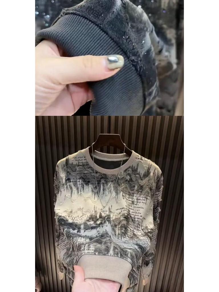 Trendiger Herren-Langarm-Hoodie 2025 mit Sternendesign, luxuriösem Rundhalsausschnitt und stylischen Ripped-Details