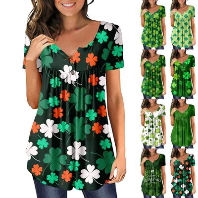 Women's Fashion  Print Short Sleeve Button Round Neck Loose T-Shirt Top