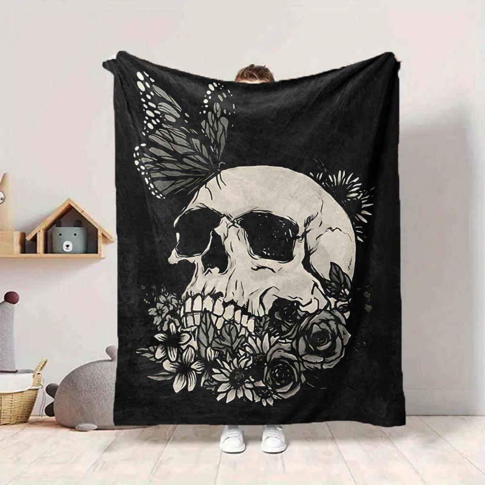 1pc Skull Flowers Lightweight Flannel Blanket, Comfortable and Warm Blanket, for Office and Camping Sofa Bed, Livingroom113