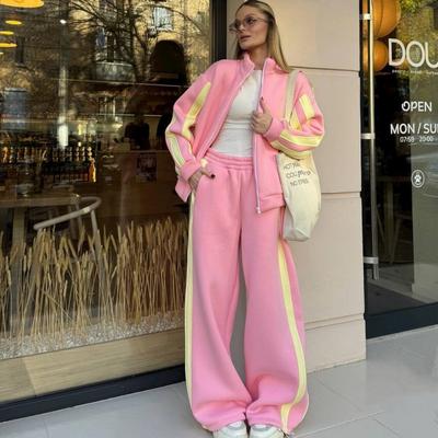 Damski Zestaw Bluza z Kapturem na Zamek Colorblock i Spodnie Joggers Paski Casualowy Sportowy Dwuczęściowy Strój Jesień Zima