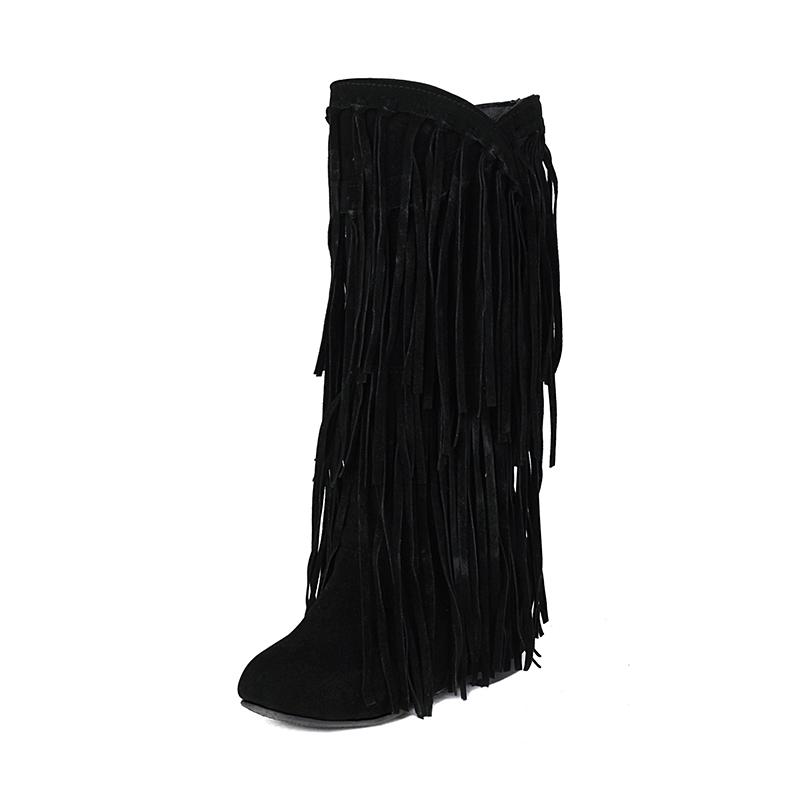 2025 Plus Size Cow Suede Material Tassel Women's Mid-Calf Boots Flat Wedge Heel Short Plush Lining Winter Show Flock Tassel Boot