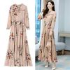 Women Maxi Dress Temperament Loose Hem Tight Waist Flower Print Lace Up Dress-up Long Sleeves A-line Banquet Dress Female Clothes