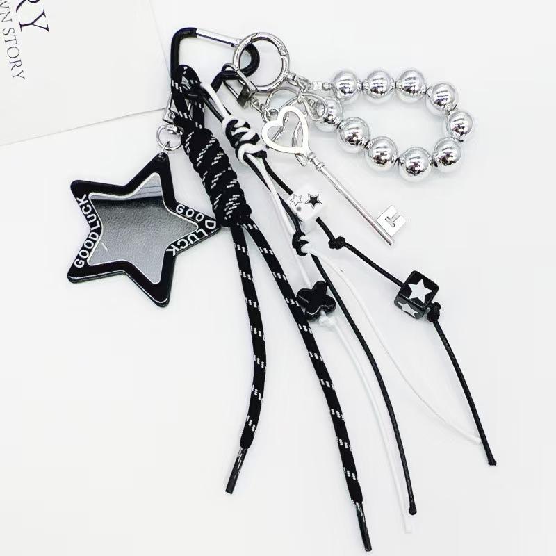 

Black Series Miu Beaded Heart & Star Mirror Keychain with Woven Rope Bag
