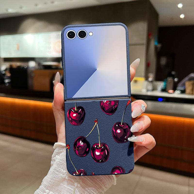 Z Flip 7 Case Retro Oil Painting Style Cherry Pattern Leather Texture Folding Fhone Cover For Samsung Galaxy Z Flip 7 6 5 4 Flip7 Flip6 Flip5