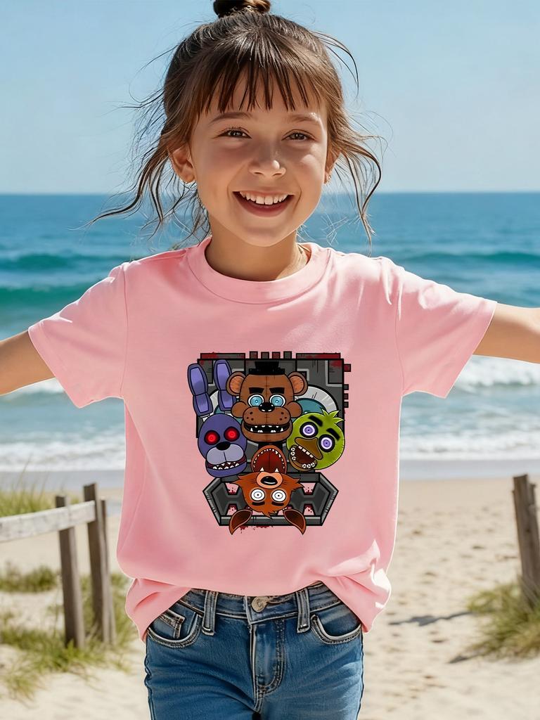 Girls And Boys' Seasonal Applicable Five Nights At Freddy's Mechanical Doll Printed Short-Sleeved T-Shirt Fnaf Game Casual Top