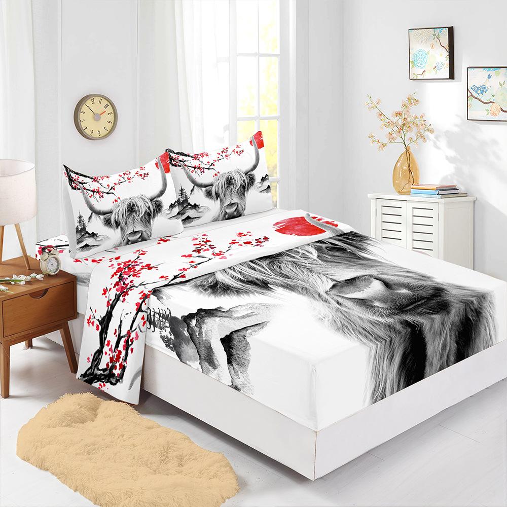 Four-Piece Mattress Sheet Digital Printing Mountain Ink Mattress Protective Cover Bedding