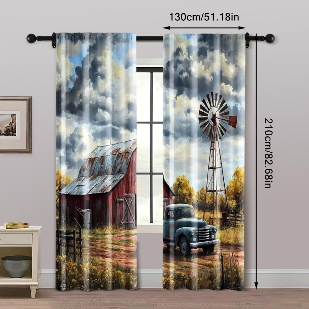 2pcs, Pattern Curtains Farmhouse Windmill Canvas Art with Vintage Trucks Polyester (without Rod) Decorations Inside Use for