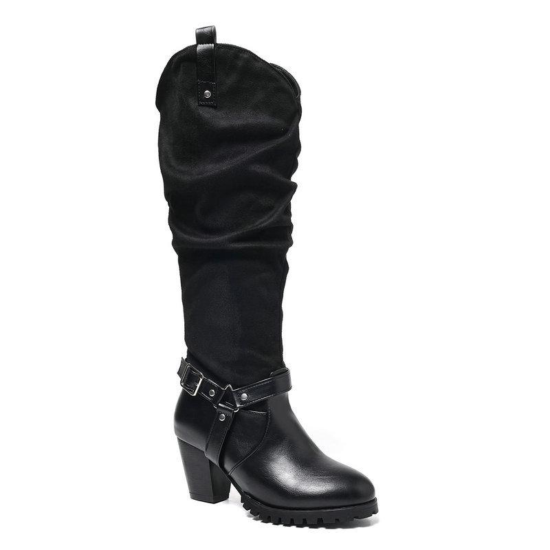 Female Knight Boots Autumn and Winter New Patent Leather Round Head Thick Sole Thick Heel Super High Heel Belt Buckle Can Not Knee Boots