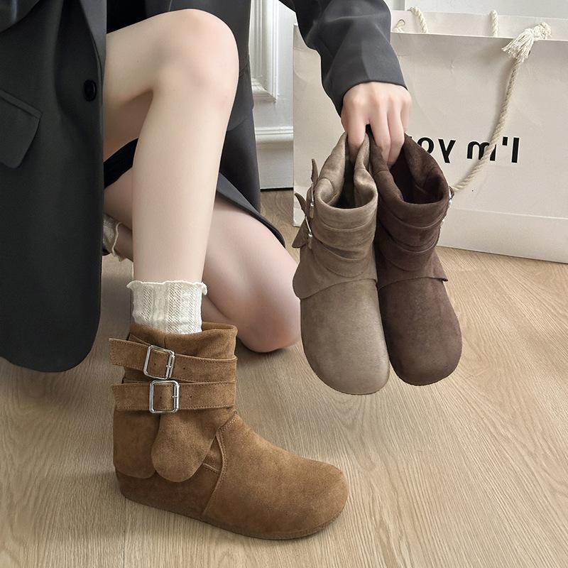 [Fanfna] Retro Suede Short Boots Women's 2025 Autumn New Round-head Martin Boots Low Tube Western Pile Boots