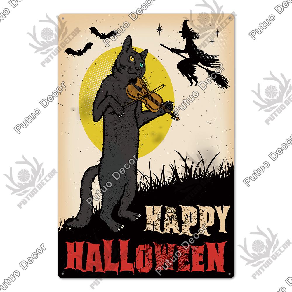 Putuo Decor Halloween Schwarze Katze Vintage Metallschild Plakette Metall Vintage Blechschild für Wohnzimmer Tür Tierhandlung Wanddekoration