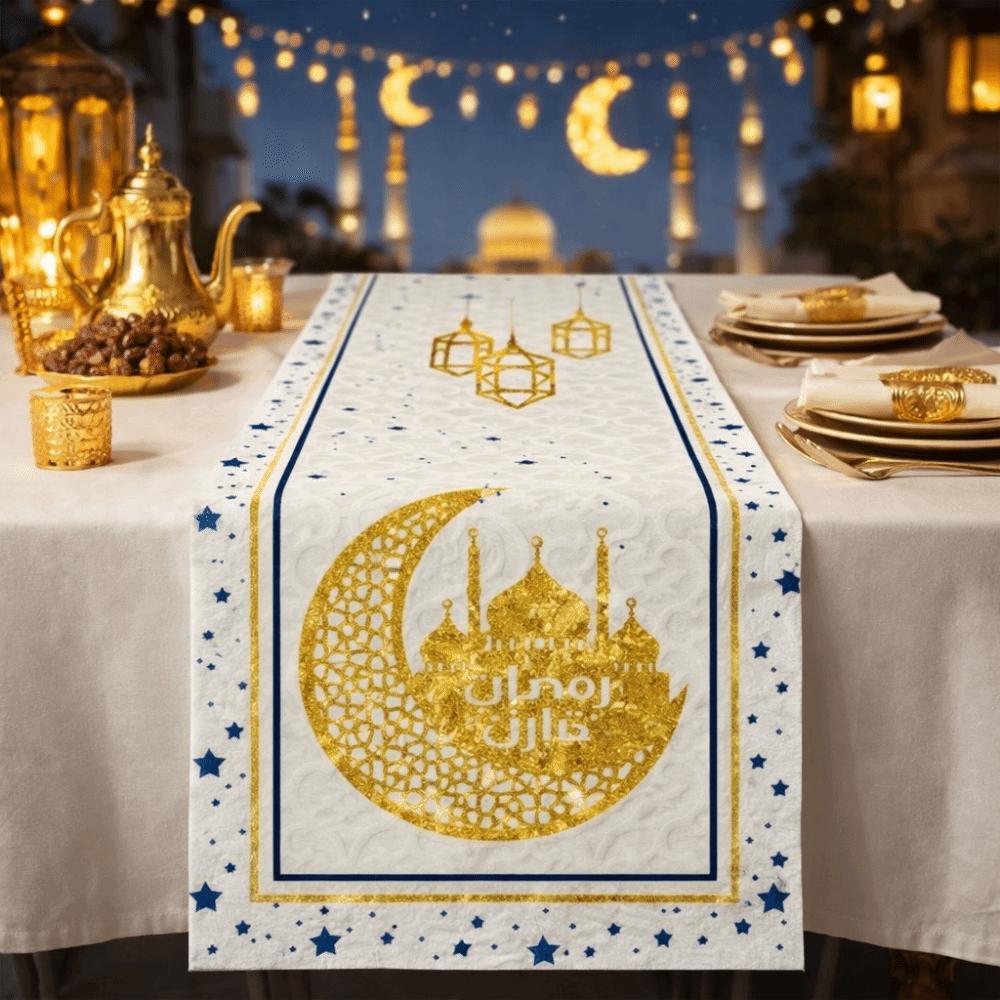 Thickened Ramadan Table Runner Castle Lantern Pattern Decorative Star Moon Tablecloth Vintage Table Cover Home Decoration