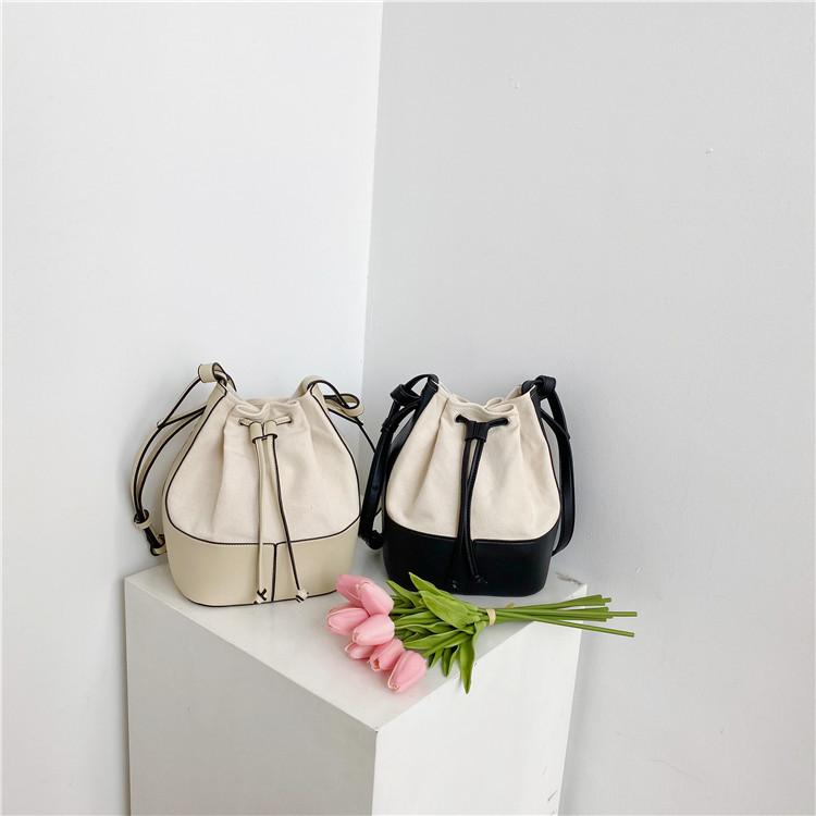 Portable Canvas Bag Niche Splicing Design Shoulder Messenger Bag Versatile Drawstring Bucket Bag Women