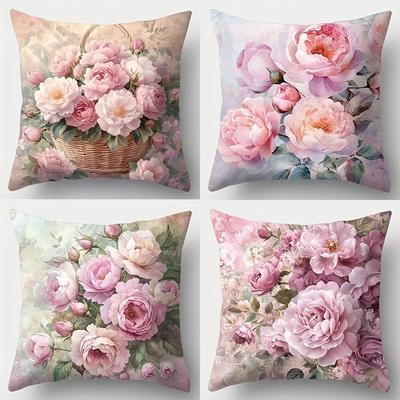 Decoración del Hogar Funda de Almohada Floral de Peonías Rosas Para Decoración Acogedora Funda de Cojín con Patrón Adecuada Para Sofá Dormitorio Coche Funda de Almohada