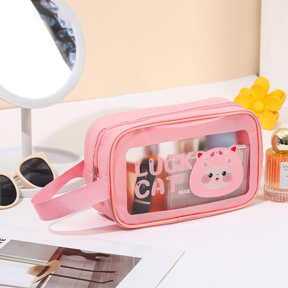 Portable PU Makeup Bag Transparent Large Capacity Travel Toiletry Pouch Cartoon Wet-Dry Separation Wash Bag for Women Girls