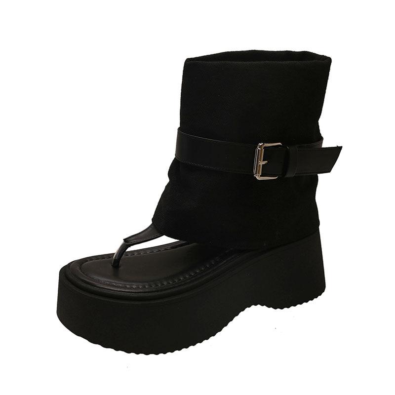 New thick-soled color-matching wedge pants boots~ Korean version of round head splicing sleeve flanging belt buckle high-heeled short boots for women