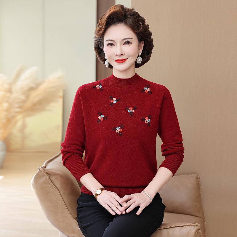Embroidered High-Neck Pure Wool Sweater for Autumn/Winter - Elegant Base Layer for Middle-Aged & Elderly