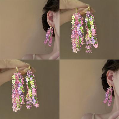 Rice Bead Sequins Pink Flower Fringed Earrings Fashionable Exaggerated Personalized Earrings Light Luxury High-end Earrings Women