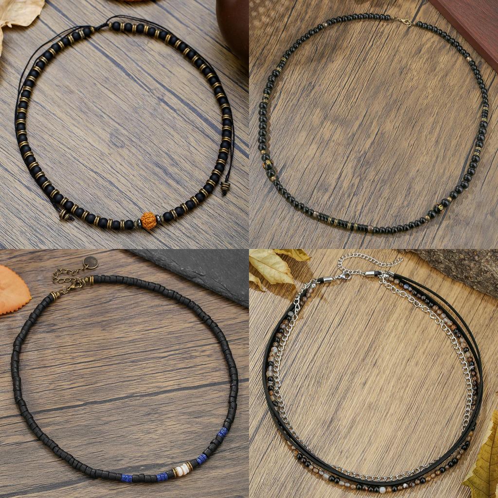Geometric Leather Chain Necklace For Men With Handmade Design And Multilayer Style