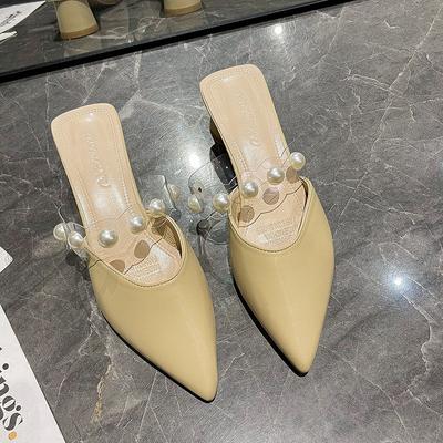 Fashion 2024 New Korean Style Pointed Women Slippers Fashion Pearl Comfortable Thick Heeled Slippers Shoes for Women Zapatos De Mujer