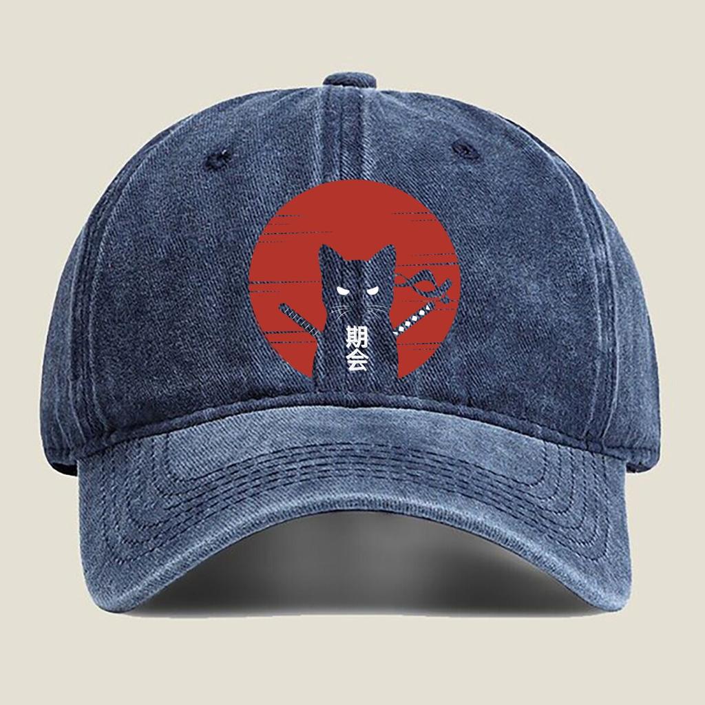 Samurai Cat Meeting Fashion Washed Baseball Cap Outdoor For Womens Unisex FeUnisex Beach Dad Hat Hip Hop
