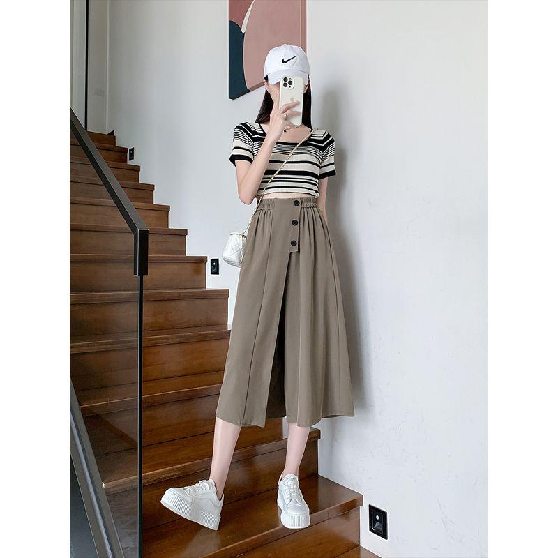 

Small Plus Size Women s Clothing Chubby Girl Summer New Arrival Thin High Waist Loose Drooping Casual Wide Leg Cropped Pants M-4XL Curry color M