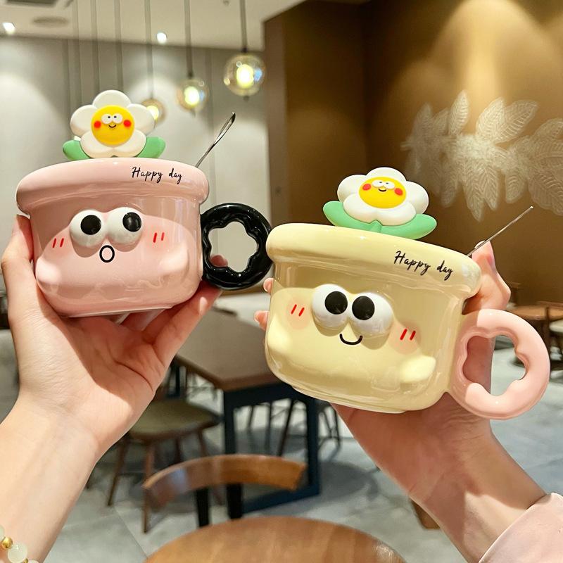 Birthday Gifts for Girls, Cute Flower-shaped Ceramic Mugs, High-value Drinking Cups with Lids and Spoons As Gifts