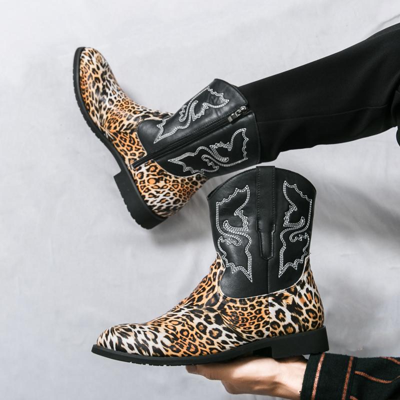 Men’s Western Boots Pointed Toe Leopard Print Casual Retro Dress Zipper Leather Men’s High Boots for Men Plus Size