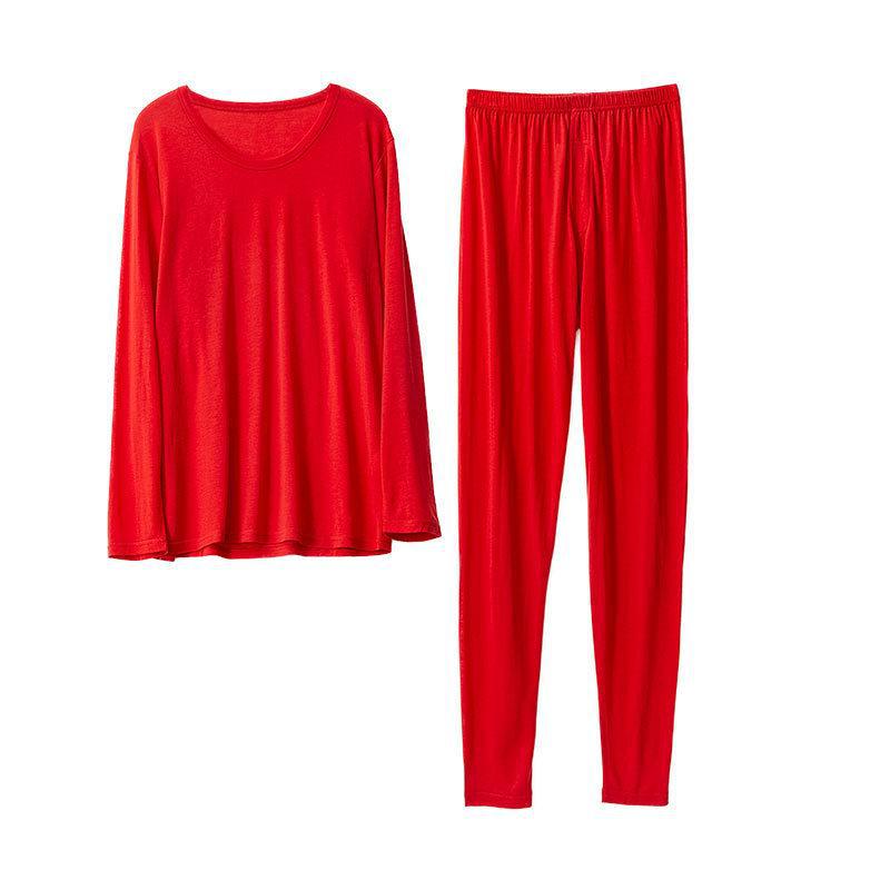

Мужской комплект нижнего белья из шелка и хлопка с круглым вырезом и длинными брюками - осенняя термоодежда L красный