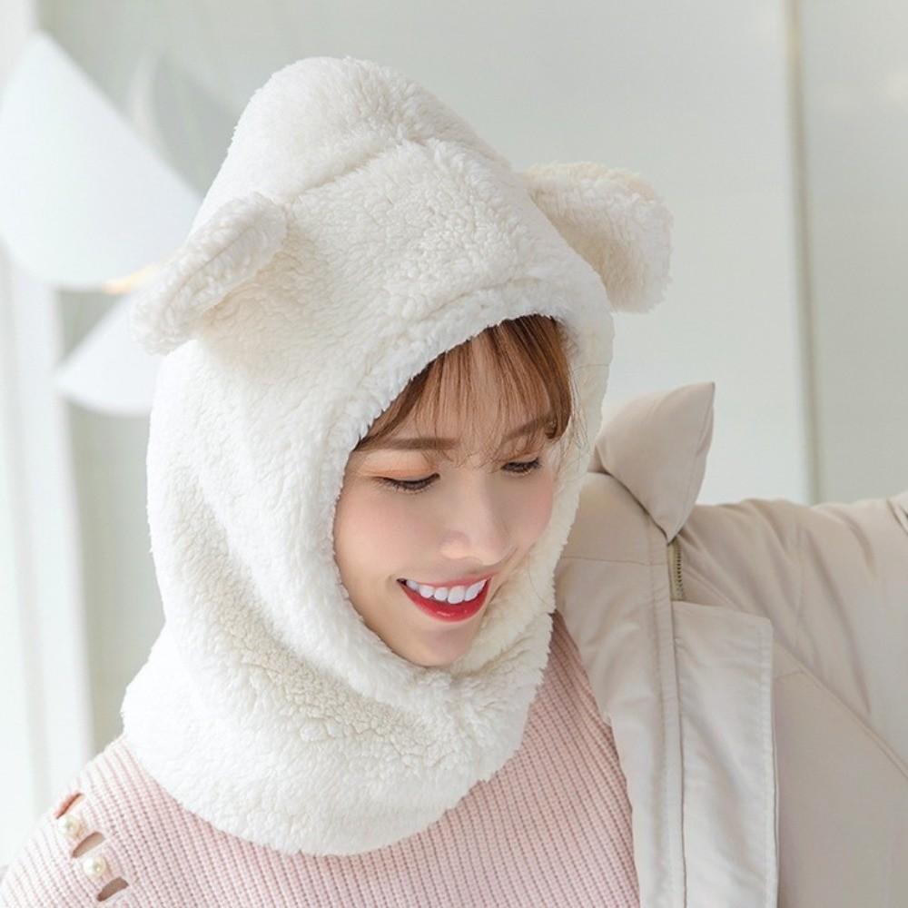 Casual Cute Bear Ear Hat Scarf Cartoon Windproof Winter Warm Hedging Cap Korean Style Solid Color Hat Scarf Travel