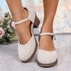 2025 Ladies Shoes Plus Size Women's High Heels Trendy Black Glitter Ankle Buckle Strap Elegant Chunky Heels Shoes for Women