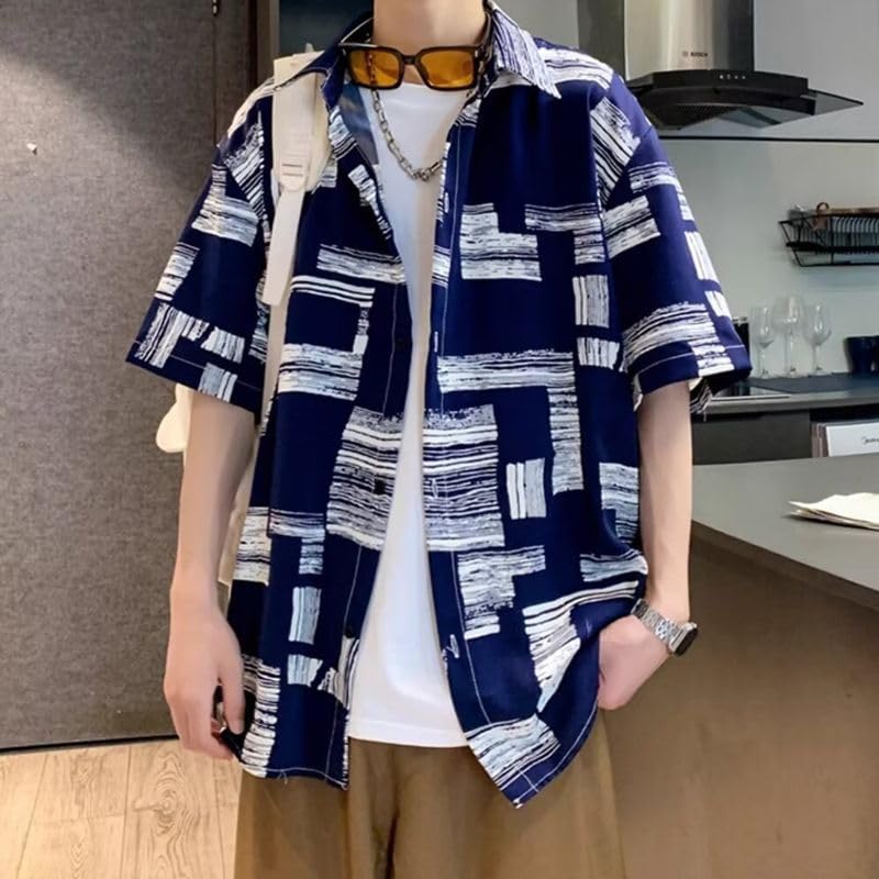 FJLTDCP Striped Short Loose Plus Dress Shirt Men's Shirt, Sleeve, Casual, Business, Fit, Stylish, Sizes, - Blue-XL