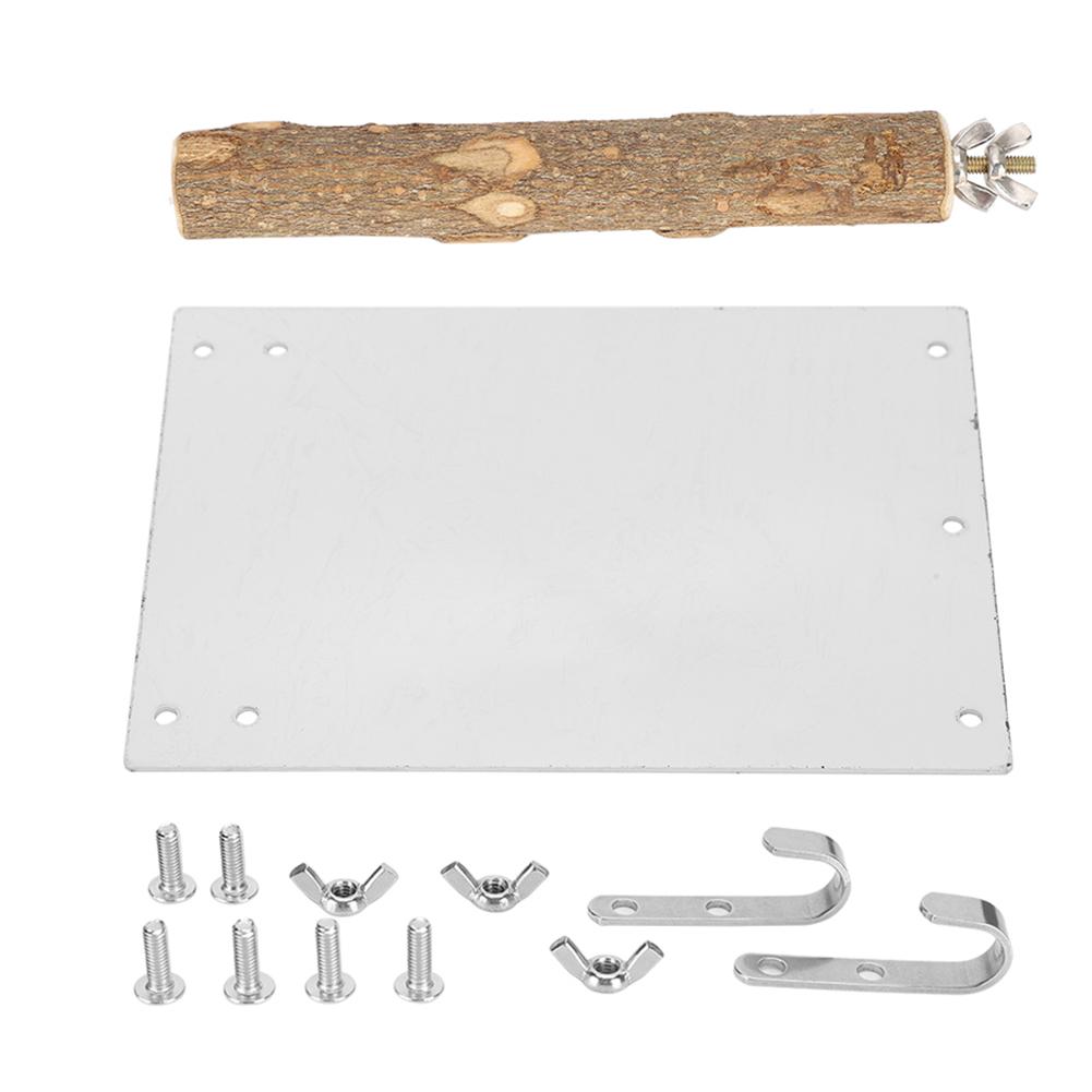 Stainless Steel Bird Mirror, Wooden Support Rod for   Cage Accessories, with Fixed Screw Easy Installation, Mirror Size 17x12cm