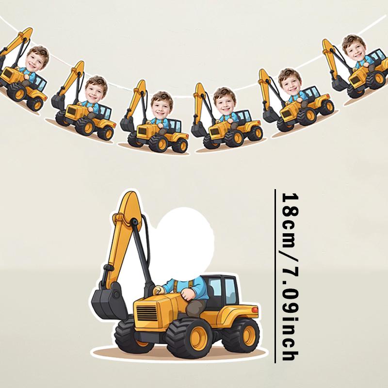 6Pcs/12pcs Birthday Customizable Portrait Digger Tractor Hard hat Pattern Banner Children Birthday Parties Cute Banner Decor