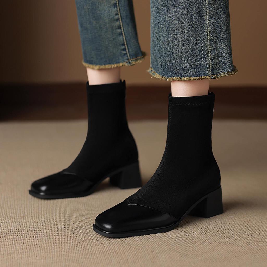 Krazing Pot Microfiber Flock Round Toe Med Heels Elastic Boots Size 43 Slip On Women Patch Work Ankle Boots