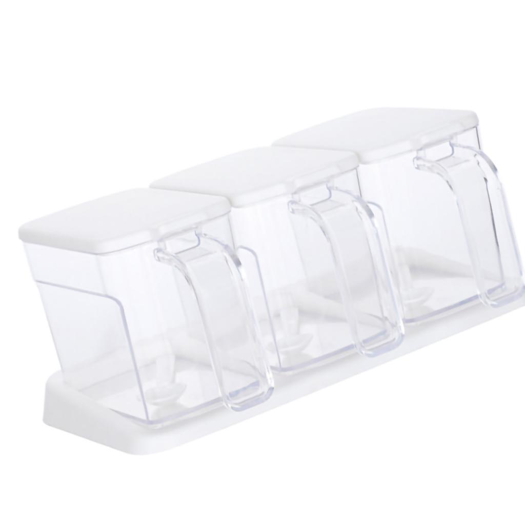 Gewürzbox Set Kunststoff Transparent 3 Fächer Großes Fassungsvermögen Gewürzbox mit Löffeln für Küche