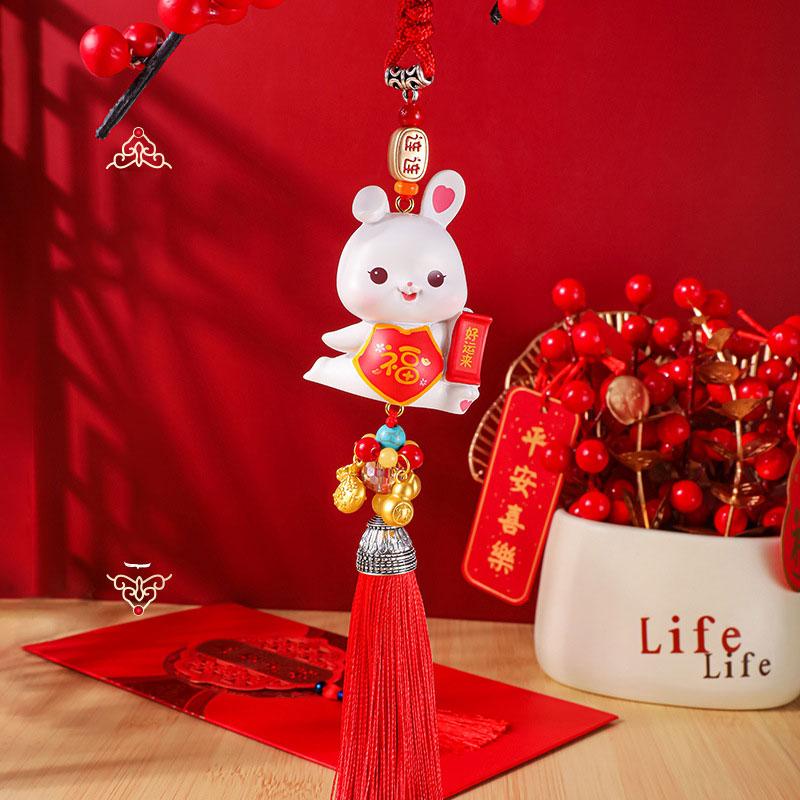 2024 New Year Rabbit Car Pendant Car Mirror Cute Rabbit Decoration Ornament Hanging Valentine's Day Gift Automotive Interior