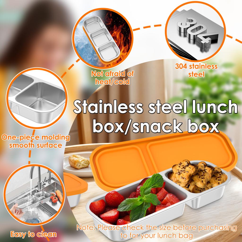 Snack Box with 2/3 Compartment Stainless Steel Meal Plate Children Food Box with Lid Divided Snack Container for Sweet Spice Nut