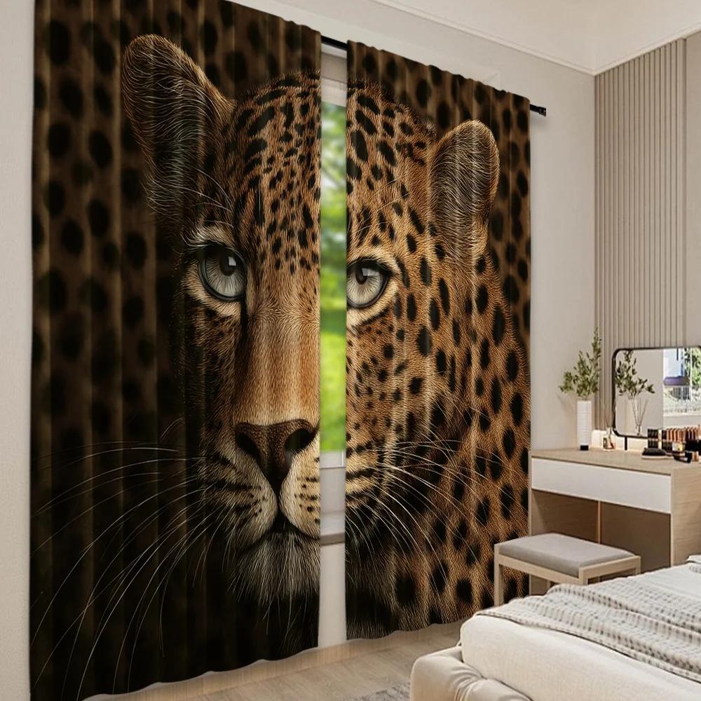 Set Of 2 Flat Printing Curtain Leopards Intense Gaze Digital Printed Polyester Drapes Party Decorations Use Indoor Outdoor