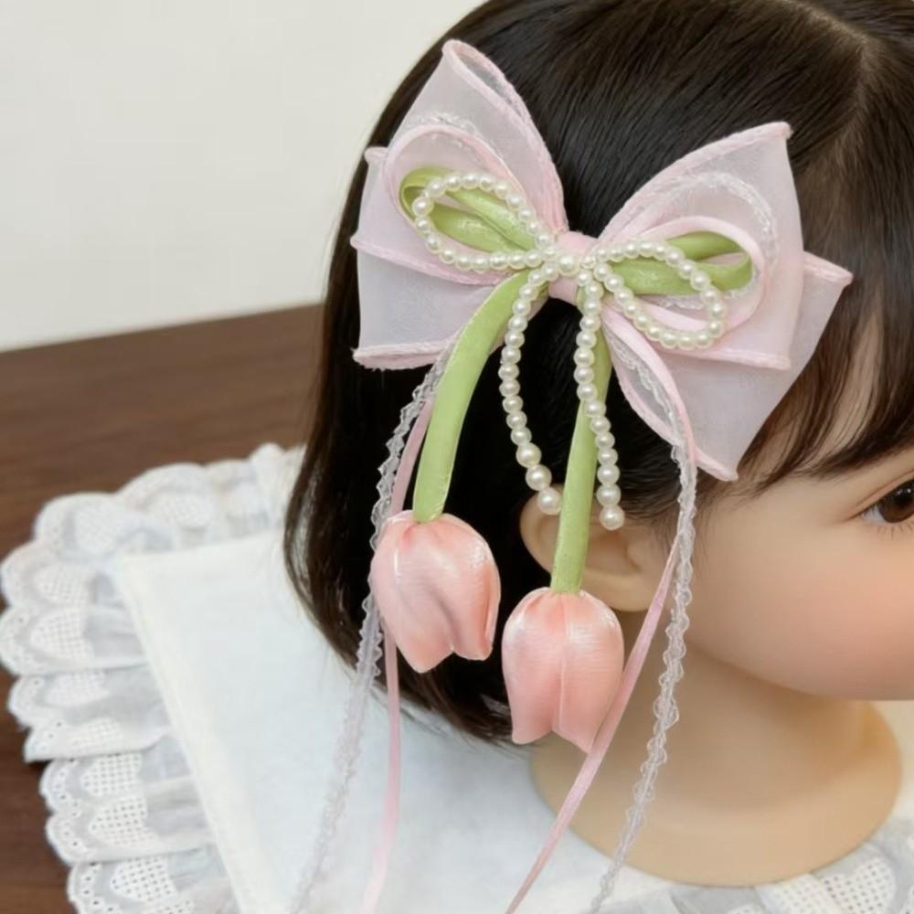 Chiffon Bowknot Chiffon Tulip Hair Clips Floral Pearl Floral Hair Clips Pastel Sweet Flower Bow Hairpin Girl Hair Accessories