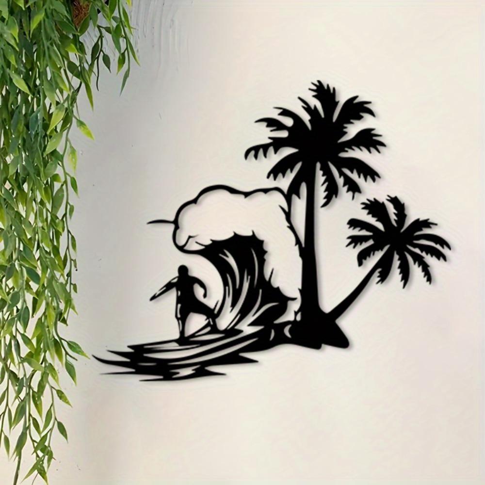 1 Stück Surfen Palme Metall Wandkunst Statue Wandbild für Tropisches Schlafzimmer Strand Terrasse Sommer Dekor Geschenk Küstenliebhaber Rostbeständig