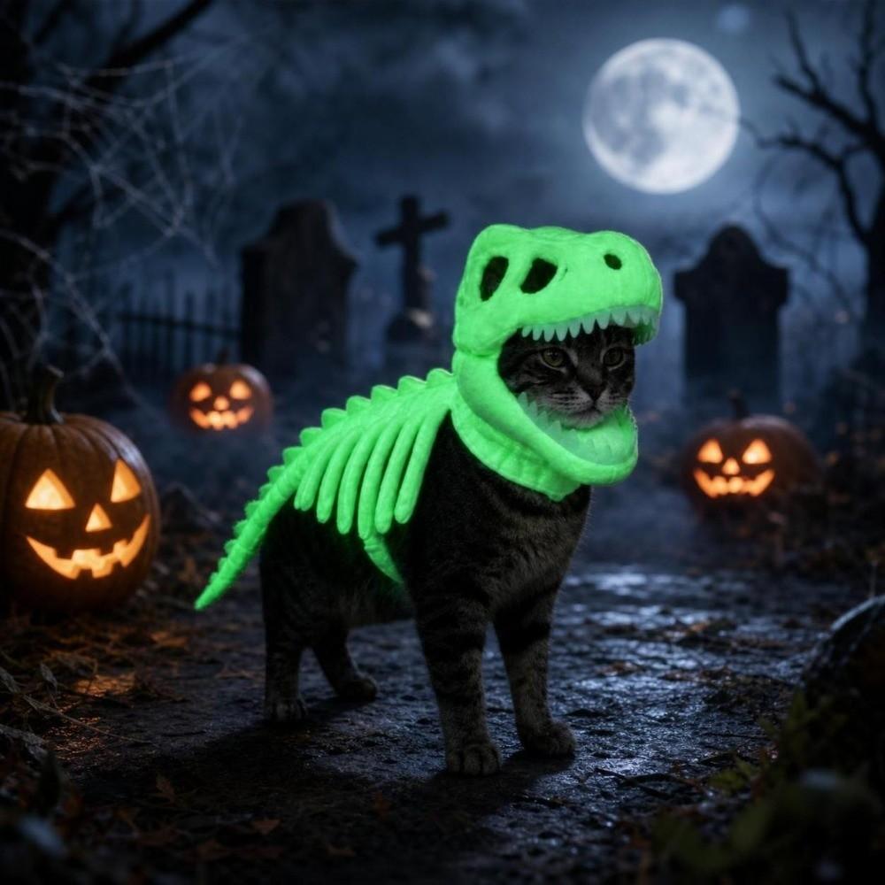 Scheletro di Dinosauro Glow in The Dark Costume per Animali Domestici Luminoso Copricapo Cosplay per Gatti Forniture per Animali Domestici