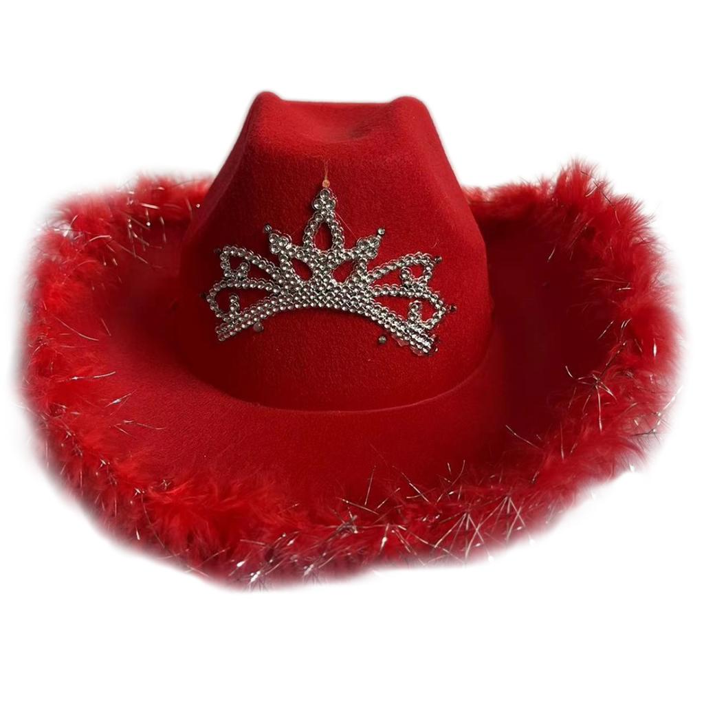 Wedding Party Cowboy Hat Adult Woman LED Feather Tinsel Brim Hat Fedoras Felt Cowboy Hat with Rhinestone Crown Decor